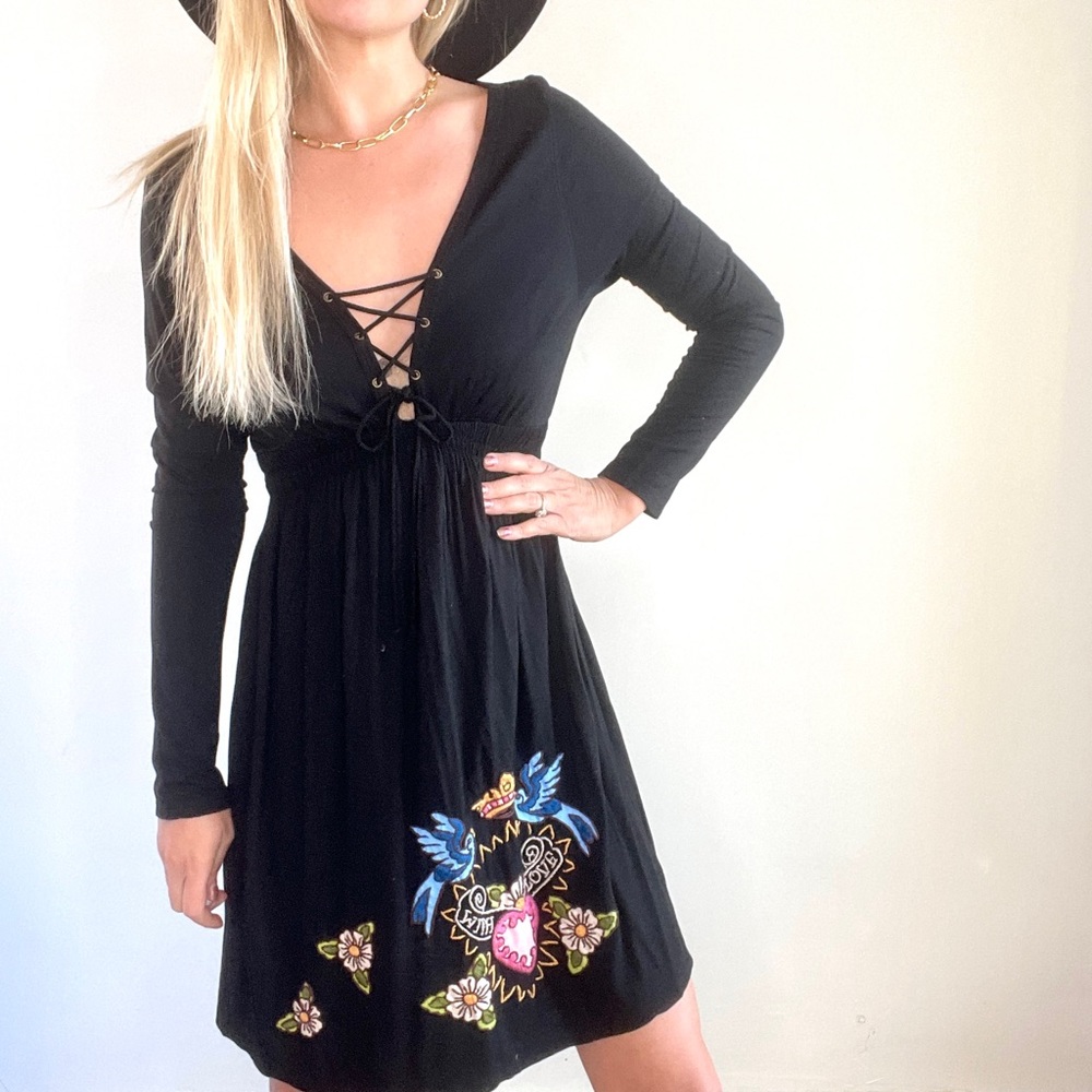 Live With Love Black Embroidered Lace Up Dress